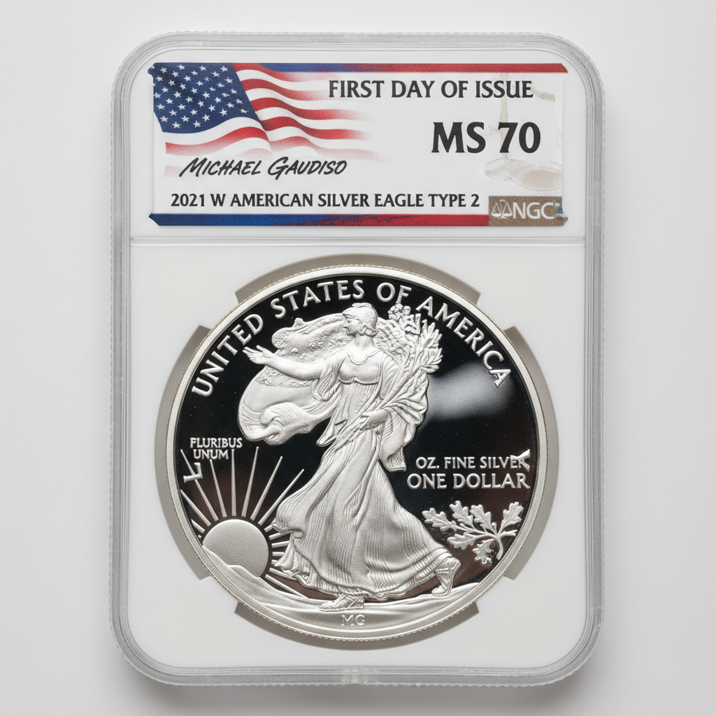 2021 American Silver Eagle Type 2 NGC MS70 First Day of Issue Michael Gaudioso Flag Label